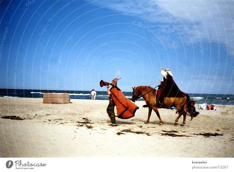 Achtung, Achtung! Ferien & Urlaub & Reisen Strand Pferd Theaterschauspiel Menschengruppe Sand König Ansage Himmel Ostsee