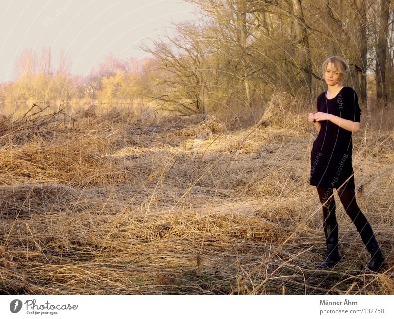 Steppenlamm. Gras Halm Baum Frau Kleid Abendsonne trocken See Stiefel stehen rupfen Zerreißen Wald Seeufer Bekleidung Herbst dünn zählen Denken Walsrand