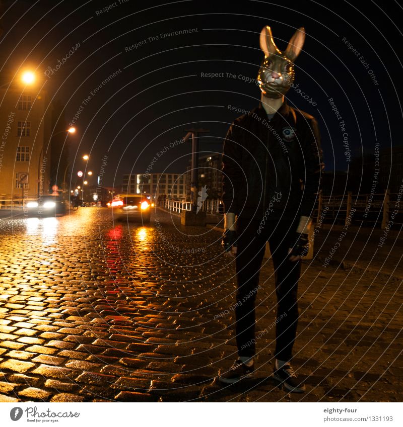 Hase Mensch maskulin androgyn Junger Mann Jugendliche Erwachsene 1 Herbst Winter Regen Stadt Straße Wegkreuzung Maske Tier Jagd bedrohlich geheimnisvoll