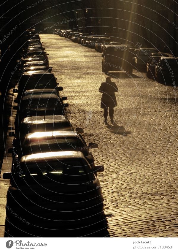 Goldrausch Mann Verkehrswege Straße PKW stehen Gefühle parken Reihe innehalten Situation Lichtgrenze Kopfsteinpflaster Standort Schatten Silhouette Sonnenlicht