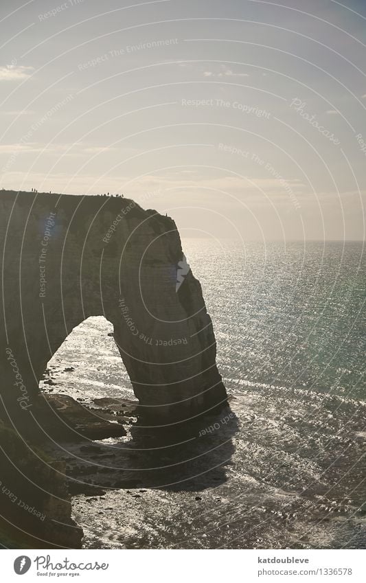 Étretat Wasser Sonnenlicht Schönes Wetter Felsen Schlucht Küste Bucht Meer Blick Ferne frei gigantisch groß maritim natürlich oben ruhig Sehnsucht Fernweh