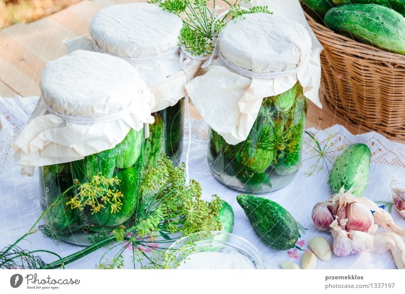 Eingelegte Gurken, die vom Hausgartengemüse und -kräutern gemacht werden Gemüse Kräuter & Gewürze Bioprodukte Garten Sommer frisch natürlich grün Korb