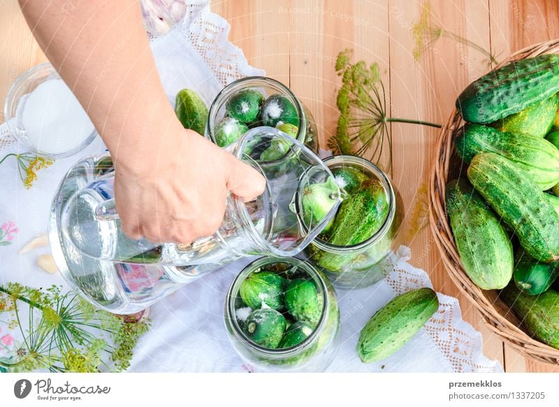 In Essig einlegende Gurken mit Hausgartengemüse und Kräutern Lebensmittel Gemüse Kräuter & Gewürze Bioprodukte Garten Frau Erwachsene Hand Sommer frisch