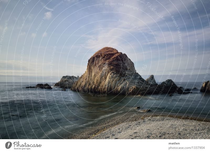 Ichthyosaurier Natur Landschaft Sand Wasser Himmel Wolken Horizont Wetter Schönes Wetter Felsen Küste Strand natürlich blau braun grau Insel Landzunge Atlantik