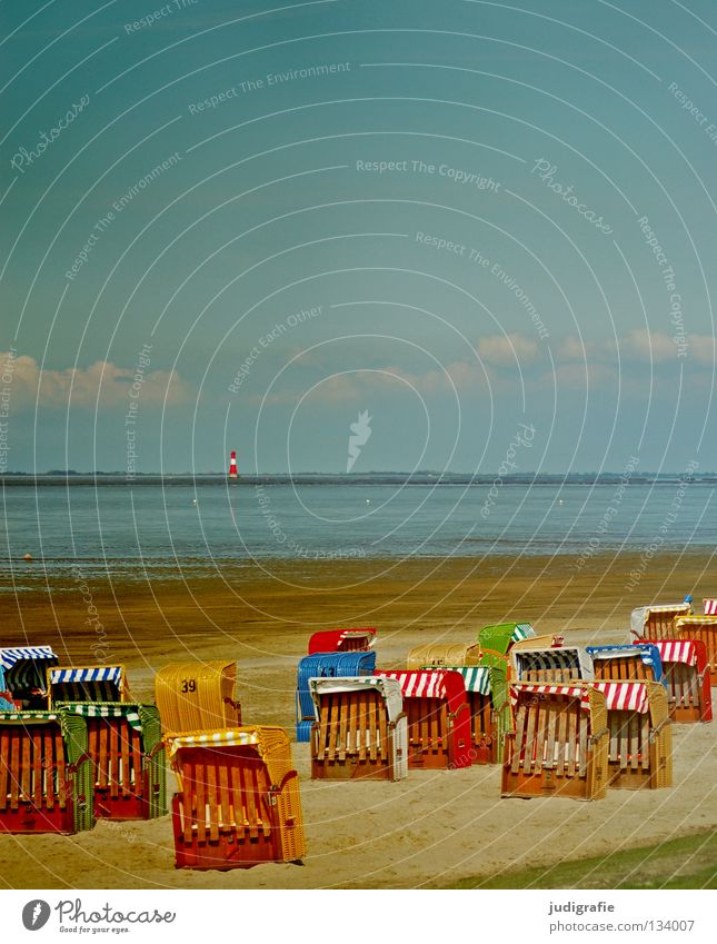 Arngast Farbfoto mehrfarbig Außenaufnahme Tag Erholung Ferien & Urlaub & Reisen Sommer Strand Meer Sand Himmel Schönes Wetter Küste Nordsee Leuchtturm