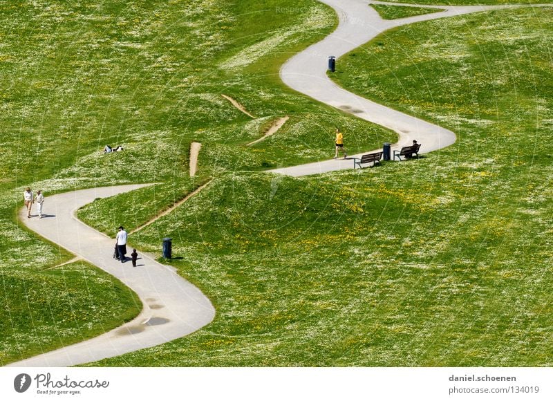 Sonntagsspaziergang geschwungen Frühling Wiese Wochenende Erholung Spaziergang wandern Park grün Vogelperspektive Menschengruppe Garten Wege & Pfade Straße