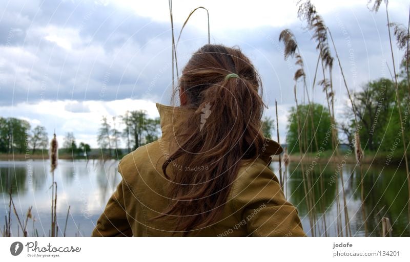 le lac et la fille See Frau feminin Jugendliche entgegengesetzt Rückansicht Hinterkopf Schulter Zopf Pferdeschwanz braun Reflexion & Spiegelung Baum Sträucher