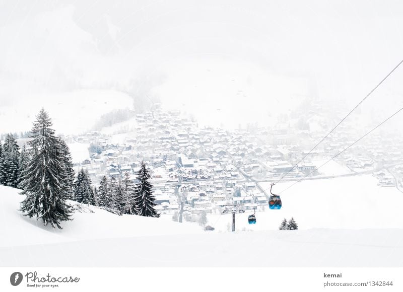 Fahrt im Blauen Wintersport Umwelt Natur Landschaft Pflanze Nebel Eis Frost Schnee Baum Hügel Berge u. Gebirge Kleinstadt Haus Seilbahn Skilift authentisch hell