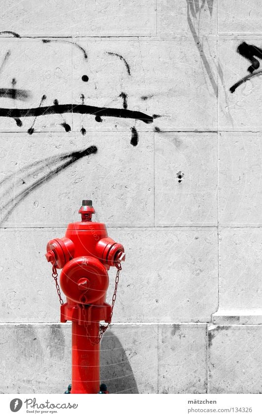 weiße wand Wand Mauer Hydrant rot schwarz Wandmalereien Schmiererei Lissabon Backstein Verkehrswege Graffiti Wasser Kontrast fireplug red black white