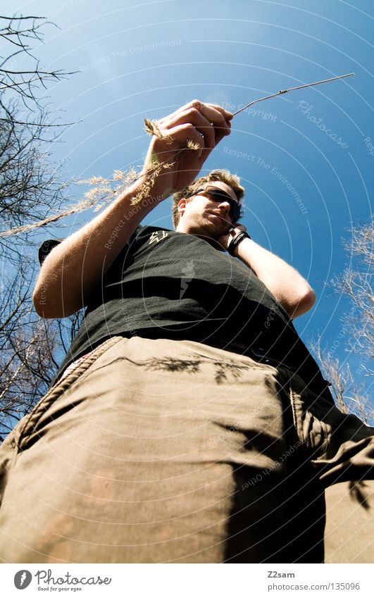 MR. WICHTIG Mann maskulin stehen Hose T-Shirt Brille braun unten Perspektive lässig festhalten Natur Himmel blau fahri Telefon spetzl sonnebrille Coolness