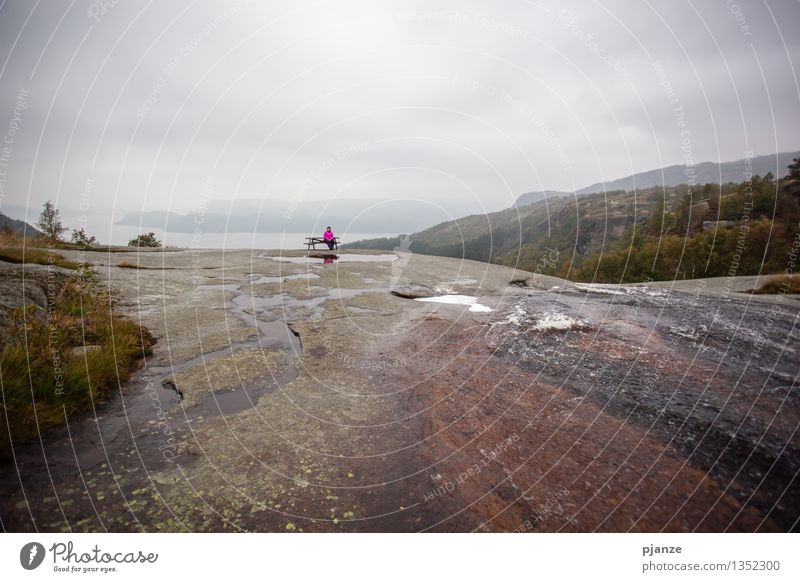 Pause am Wasserfall Berge u. Gebirge wandern Mensch feminin Frau Erwachsene 1 30-45 Jahre Natur Landschaft Wolken Herbst schlechtes Wetter Wind Nebel Regen Baum