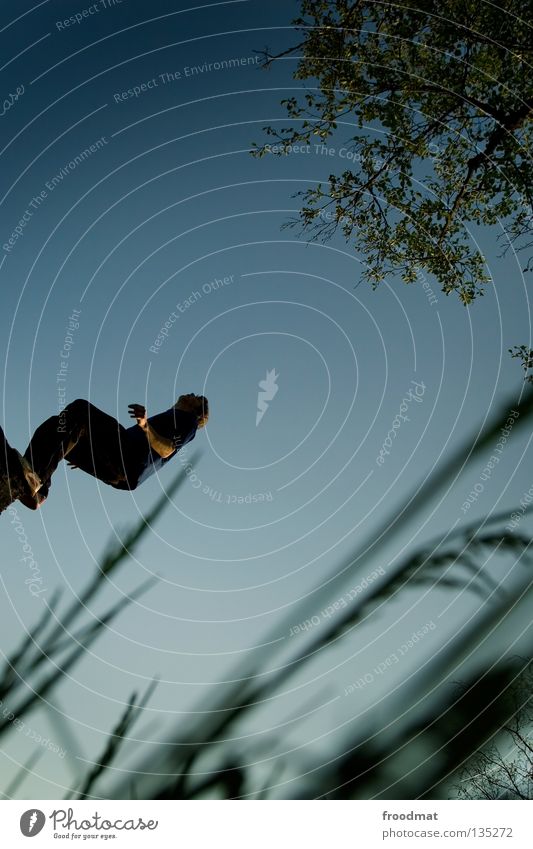 ready to Le Parkour springen Rückwärtssalto rückwärts Gegenlicht Schweiz Gras akrobatisch Flugzeug Körperbeherrschung Mut Risiko gekonnt lässig schwungvoll