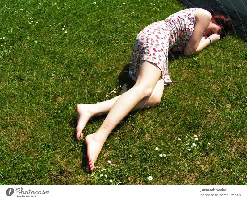 Rumkugeln Frau Gras Wiese Sommer Sommerkleid Blume Müdigkeit Erholung genießen harmonisch angenehm Frieden liegen rumliegen rumkugeln Rasen. Garten bequem