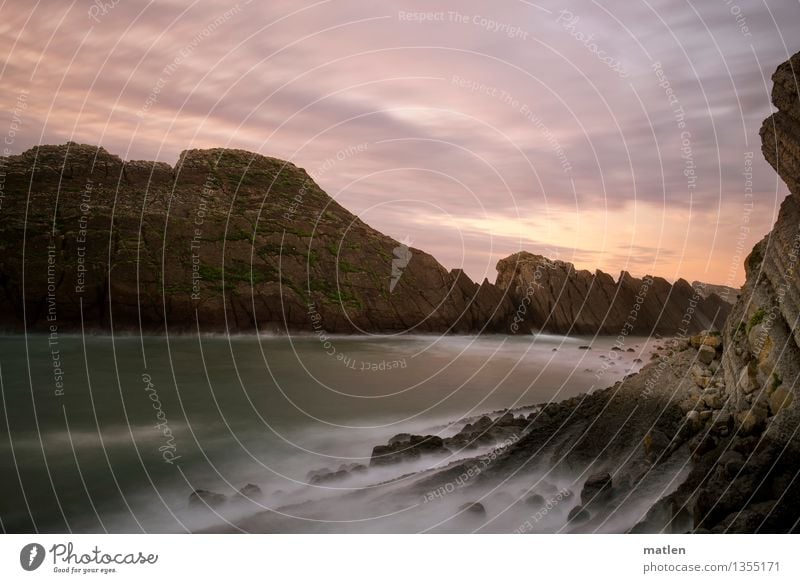 bay Natur Landschaft Himmel Wolken Horizont Sonnenaufgang Sonnenuntergang Wetter Schönes Wetter Felsen Wellen Küste Strand Bucht Riff Meer gigantisch maritim