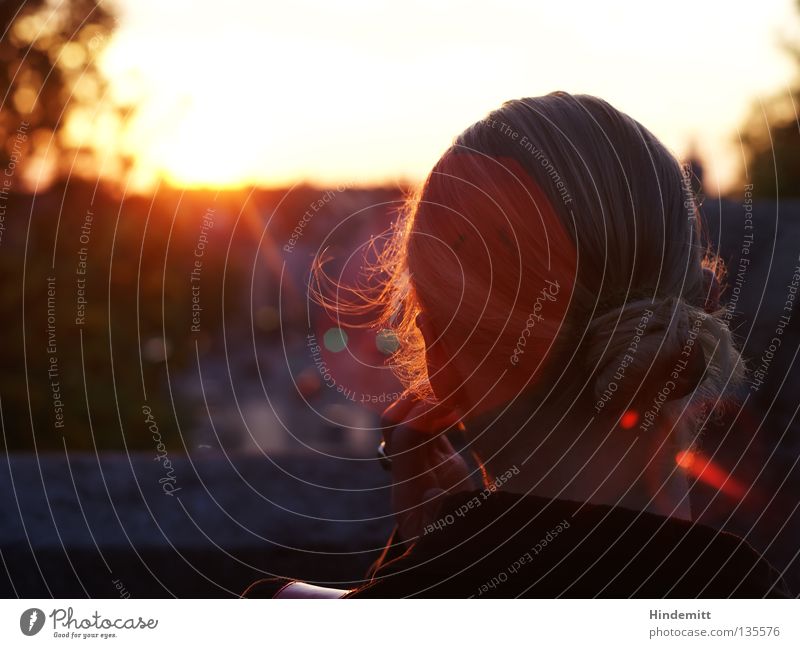 N. München Frau blond lang Zopf Dutt Ampel Sonnenuntergang Physik Baum Sehnsucht Denken Hinterkopf Finger Hand Brückengeländer Geländer Lichtfleck dunkel rot