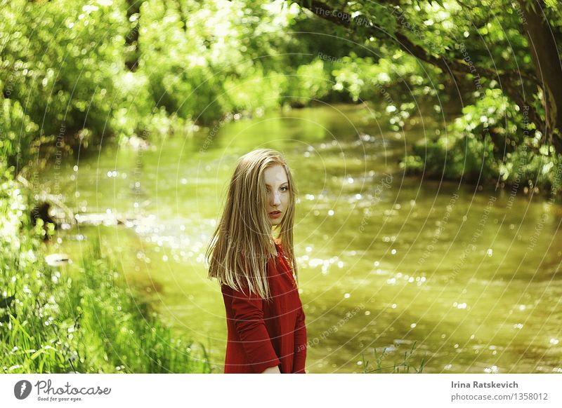 Sommerstimmung Junge Frau Jugendliche Körper Haare & Frisuren 1 Mensch 18-30 Jahre Erwachsene Natur Landschaft Schönes Wetter Baum Gras Wald Wellen Seeufer