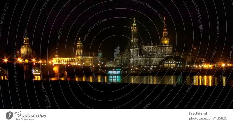 Lichter in der Stadt Dresden Nacht Hofkirche Panorama (Aussicht) Augustusbrücke Brühlsche Terrasse Straßenbeleuchtung Promenade Sachsen historisch Stadtzentrum