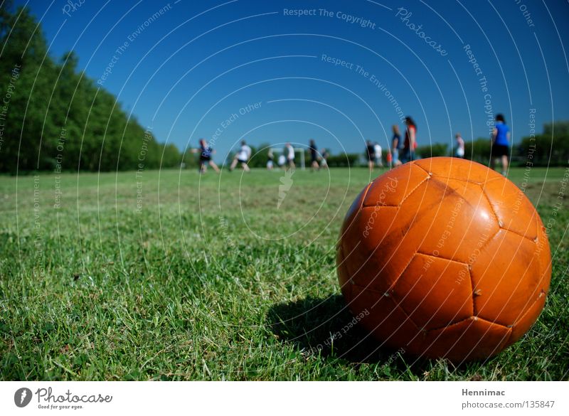 Freistoss! Sommer Wiese Fußballplatz schießen grün Jugendliche Sport Spielen Ball Rasen Bolzplatz orange blau Teenys Schönes Wetter