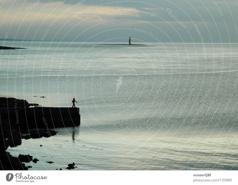 Fishing into the Waters of Doom See Meer Angler Angeln Einsamkeit ruhig Leuchtturm Angelrute dunkel Sonnenuntergang Stimmung Freizeit & Hobby Wellen liegen Luft