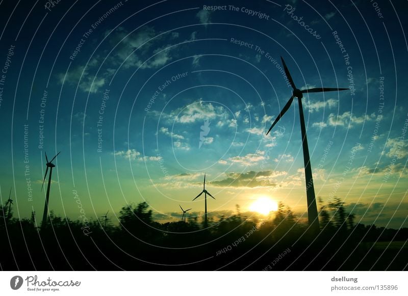 Windräder bei Sonnenuntergang Sommer Wohnung Energiewirtschaft Erneuerbare Energie Windkraftanlage Energiekrise Himmel Wolken Baum Autobahn fahren dunkel