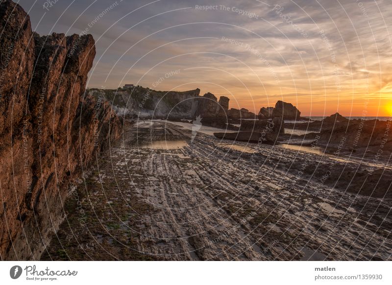 natural Natur Landschaft Himmel Wolken Horizont Sonnenaufgang Sonnenuntergang Sonnenlicht Sommer Wetter Schönes Wetter Hügel Felsen Schlucht Küste Strand Riff