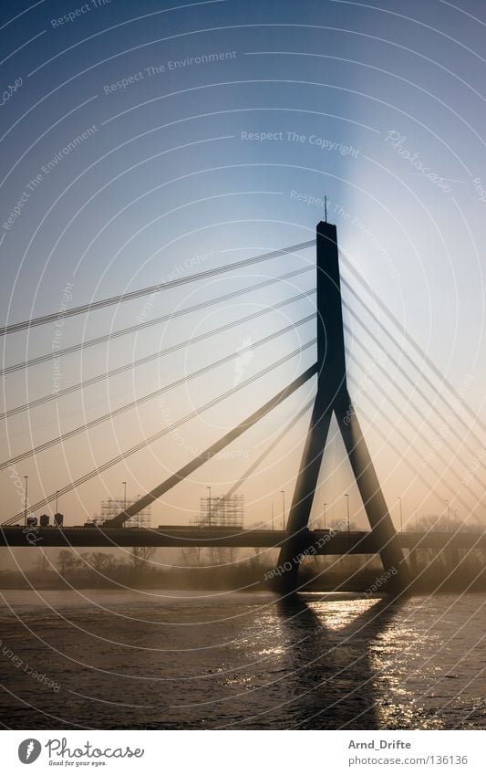 Nebelbrücke Morgen Schleier Winter kalt Verkehr Wellen Licht Stadt Brücke Fluss Bach Wasser Rhein Düsseldorf PKW Schatten modern Architektur