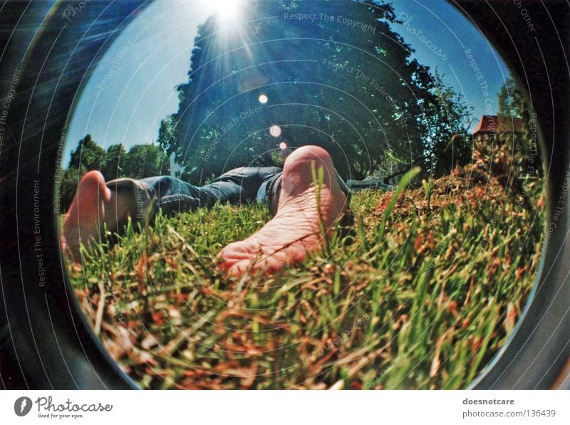 lying in the green grass... Erholung Sommer Sonne Fuß Baum Wiese schlafen Lomografie Weitwinkel Fischauge Fußsohle Blendenfleck Gegenlicht Sonnenstrahlen