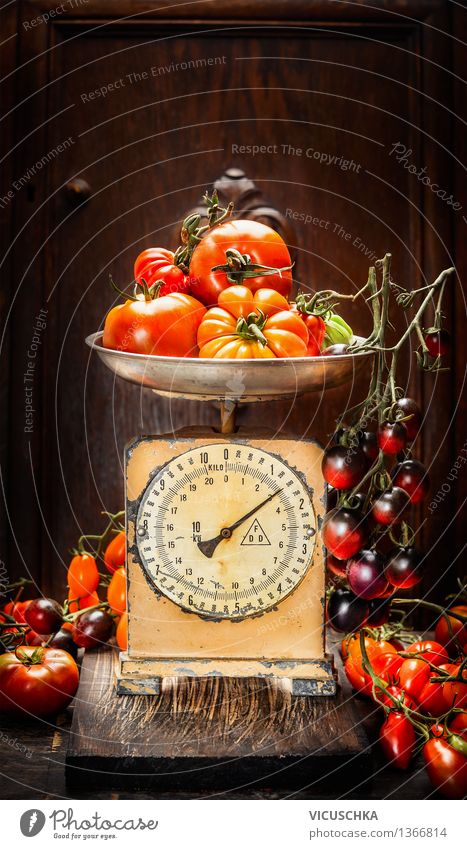 Verschiedene bunte Tomaten auf Vintage Waagen Lebensmittel Gemüse Ernährung Bioprodukte Vegetarische Ernährung Diät Stil Design Gesunde Ernährung Sommer Haus