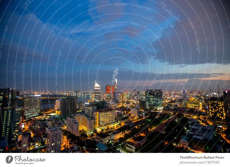 Stadt, Land, Fluss Stadtzentrum Haus blau gelb gold grau schwarz weiß Leben Saigon Licht Nachtleben Hochhaus Skyline Wolken Sonnenuntergang Himmel Farbfoto