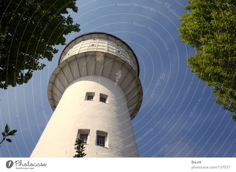 hoch hinaus Wasserturm Baum Fenster Blauer Himmel grün weiß rund historisch Schifffahrt Neumünster blau Dorit