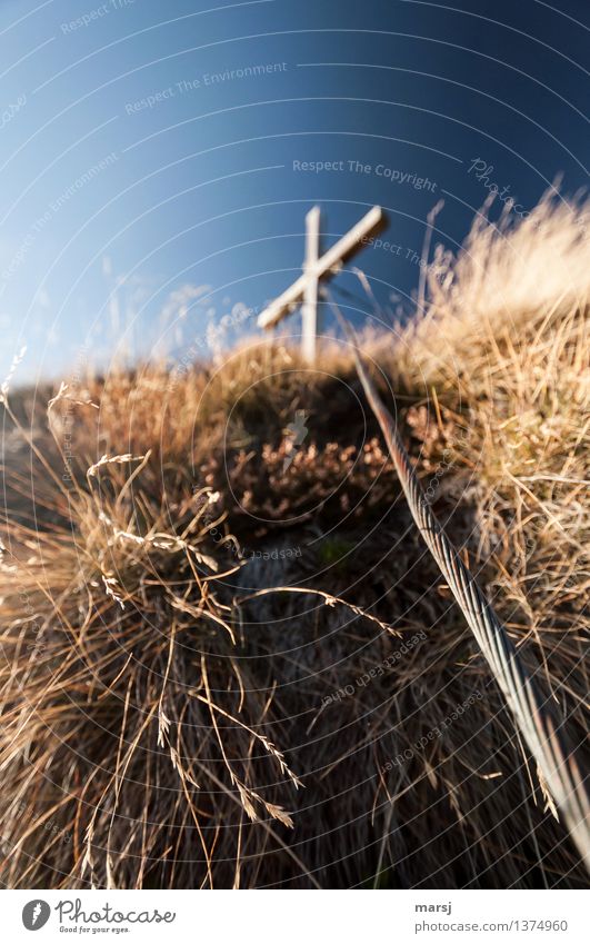 Halt und Sicherheit Natur Himmel Wolkenloser Himmel Herbst Gras Stahl Kreuz Stahlkabel Gipfelkreuz stark blau Schutz Sorge Sehnsucht Einsamkeit Farbfoto