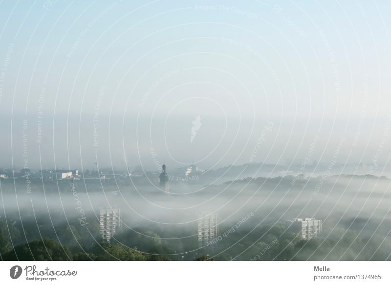 Nordhügelblick Umwelt Natur Landschaft Luft Himmel Wetter Nebel Wald Hügel Hildesheim Deutschland Europa Kleinstadt Stadt Stadtrand Haus Hochhaus Kirche frisch