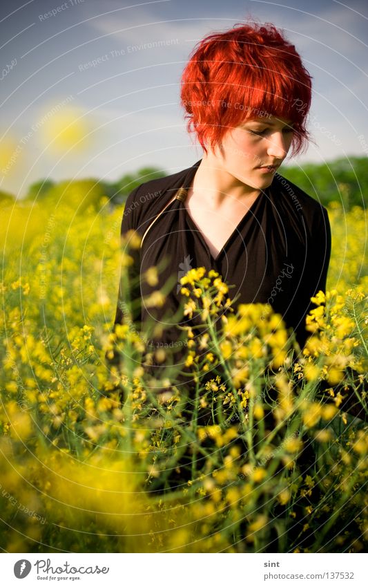 clouds of sunlight floating by Beautyfotografie Model gelb Himmel Mensch Natur Sommer schön rot Porträt Wolken Raps Rapsfeld Frau feminin Jugendliche Freude