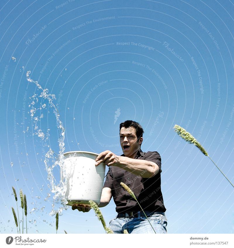 fun in the sun Mann Kerl stehen werfen feucht Flüssigkeit Mineralwasser gefroren Eimer Hemd Hose schwarz Sommer Physik heiß Gras Halm Freude gießen Wasser