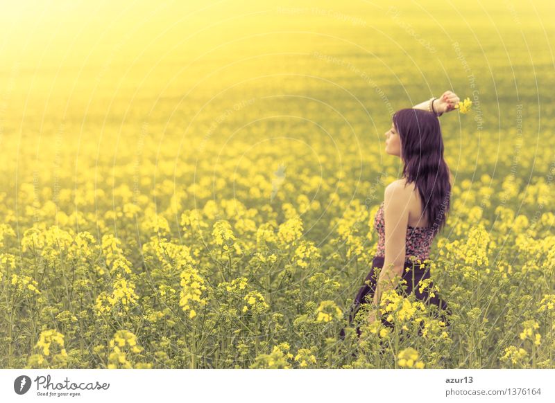 Schöne junge Frau im Sommer auf gelber Wiese aus Raps bis zum Horizont. Hübsches Mädchen mit Lebensfreude geniesst die Sonnenschein Pause und das Leben. Erholung und Energie tanken vom Zeit Stress in der Umwelt und Natur Idylle. Seitlich von hinten.