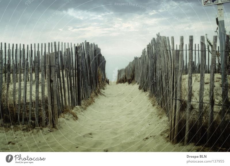 A fence in France Frankreich Strand Süden Ferien & Urlaub & Reisen Zaun Wolken schmal Sand bedecken Wege & Pfade south holiday clouds