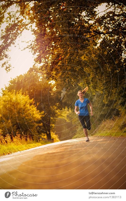 Sportliche Frau, die auf eine Landstraße läuft Glück Joggen Erwachsene 1 Mensch 13-18 Jahre Jugendliche Landschaft Herbst Baum Blatt Park Straße Bewegung