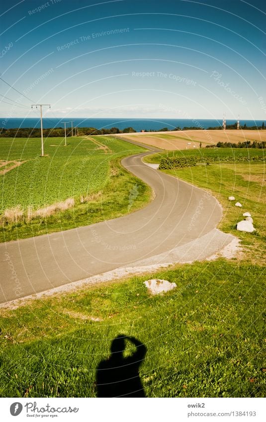 Kurve gucken Strommast Umwelt Natur Landschaft Wasser Wolkenloser Himmel Horizont Schönes Wetter Gras Wiese Feld Hügel Küste Ostsee Insel Rügen Verkehr Straße