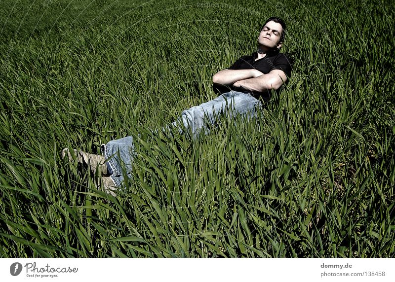 chillout Mann Kerl Gras Feld Sommer Erholung Hose Hemd dunkel grün schlafen Sonnenbad Luft frisch unberührt Jeanshose hell Gesicht face skin Haut Natur