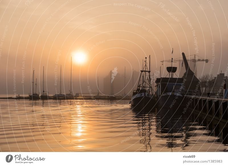 Sonnenaufgang Erholung Ferien & Urlaub & Reisen Wasser Fluss Stadt Hafen Segelboot Segelschiff Wasserfahrzeug Romantik Idylle Natur ruhig Tourismus Rostock