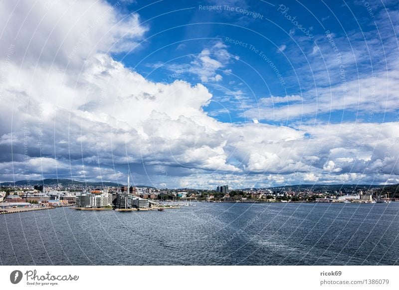 Blick auf Oslo Erholung Ferien & Urlaub & Reisen Haus Natur Landschaft Wasser Wolken Küste Fjord Meer Stadt Hauptstadt Bauwerk Gebäude Architektur Idylle