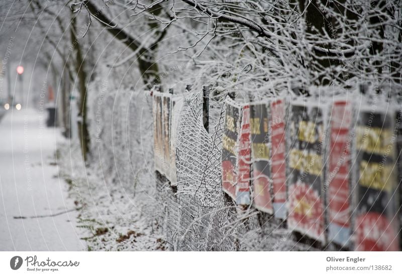 Straße nach Frankfurt Zaun Schlaufe weiß Frankfurt am Main Stadt Schilder & Markierungen Zirkus Würstchen Baum Laubbaum Verkehrswege Winter Schnee