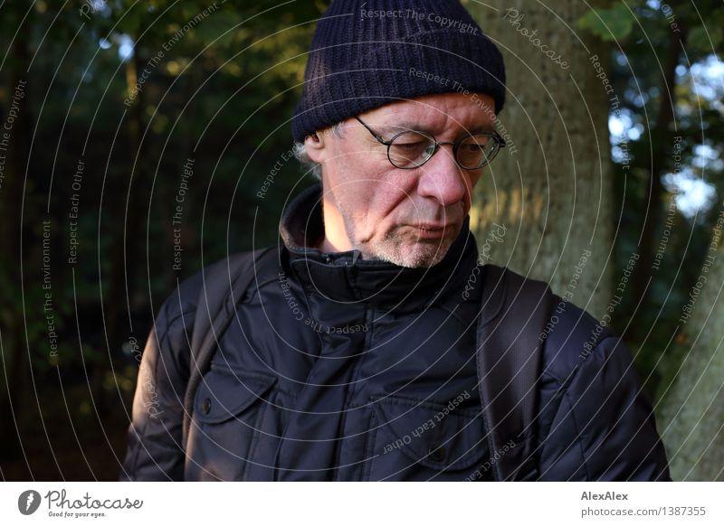 pZ 4 | frühs im Wald Mann Erwachsene Gesicht 45-60 Jahre Natur Landschaft Sonnenlicht Schönes Wetter Baum Jacke Brille Mütze Denken Blick ästhetisch Coolness