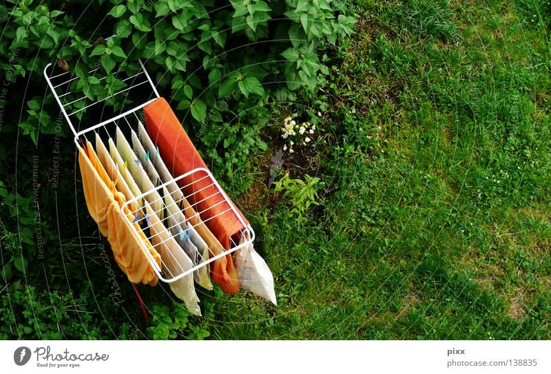 Hol die Wäsche rein! Wiese Fenster Wäschetrockner Sommer frisch gewaschen trocknen gelb trocken hängen aufhängen Haushalt Vogelperspektive oben Rasen Garten