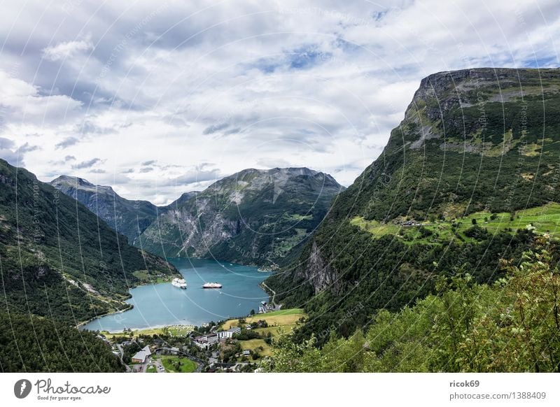 Blick auf den Geirangerfjord Erholung Ferien & Urlaub & Reisen Berge u. Gebirge Natur Landschaft Wasser Wolken Fjord Idylle Tourismus Norwegen Kreuzfahrschiffe