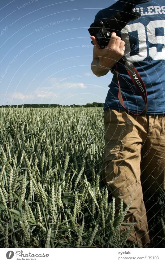 09 Feld Landwirtschaft Roggen Weizen Hafer Hirse Sommer Horizont Schönes Wetter Ernährung Pflanze grün Holz Wachstum Naturwuchs Mann Bekleidung Hand Hose