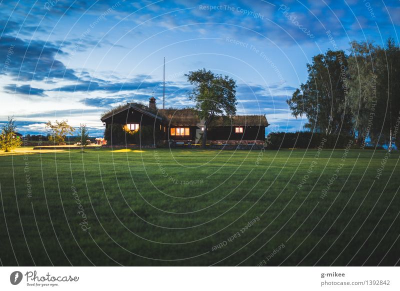 Schwedisches Häuschen am See Natur Landschaft Dorf Menschenleer Haus Einfamilienhaus Hütte natürlich Wärme blau grün ruhig Schweden Farbfoto Außenaufnahme