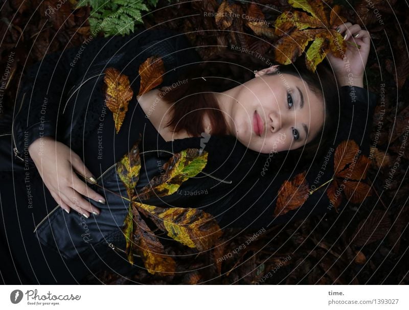 liegende Frau im Herbstlaub feminin 1 Mensch Umwelt Natur Landschaft Wald Jacke schwarzhaarig langhaarig beobachten Erholung genießen Lächeln Blick warten schön