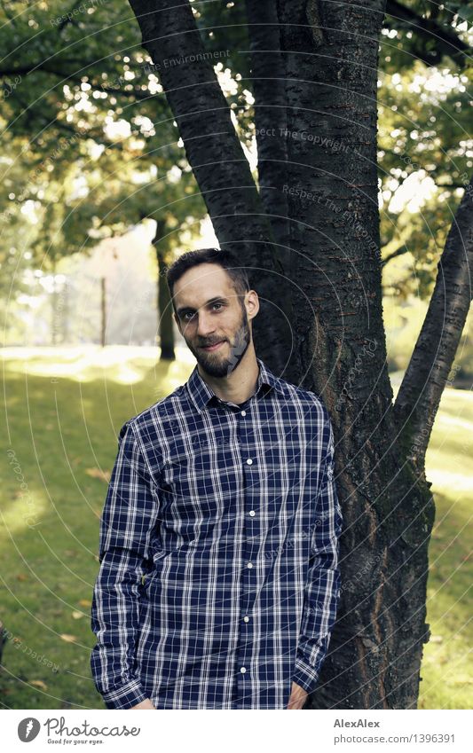 Portrait wandern Junger Mann Jugendliche Körper Landschaft Schönes Wetter Pflanze Baum Park kariert brünett kurzhaarig Vollbart beobachten Lächeln ästhetisch