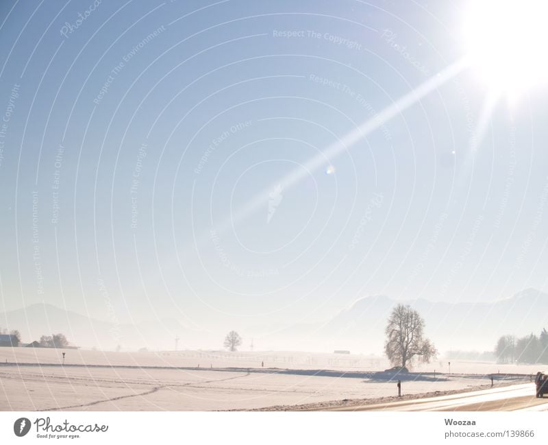 Winterlandschaft Alpen Schnee Baum Sonne Straße Bayern Schönes Wetter Blauer Himmel kalt weiß schön fantastisch Prima einzigartig Deutschland Europa frei